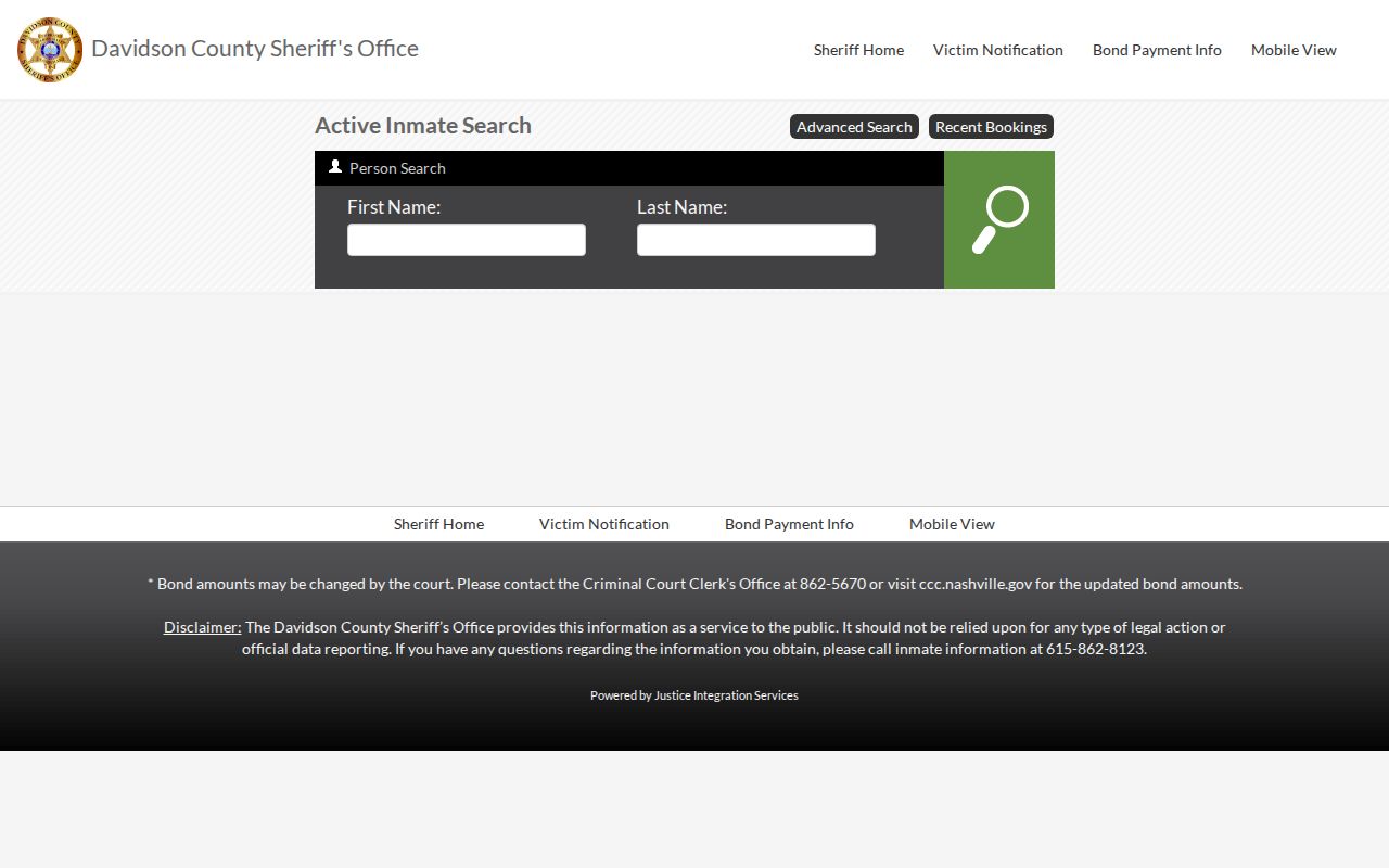 Davidson County warrant records: blank DCSO inmate search fields and notice