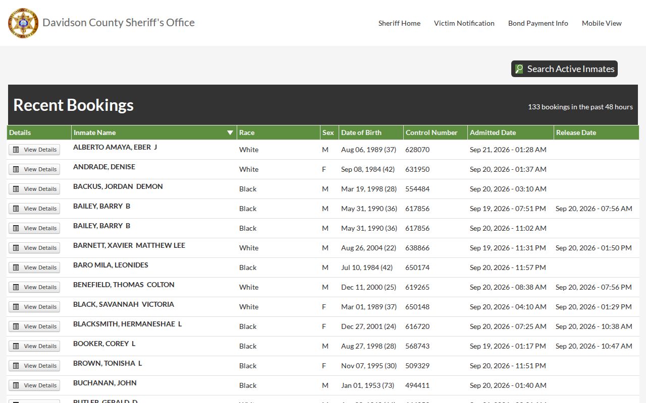 Davidson County active warrant records: empty recent-bookings interface without personal entries