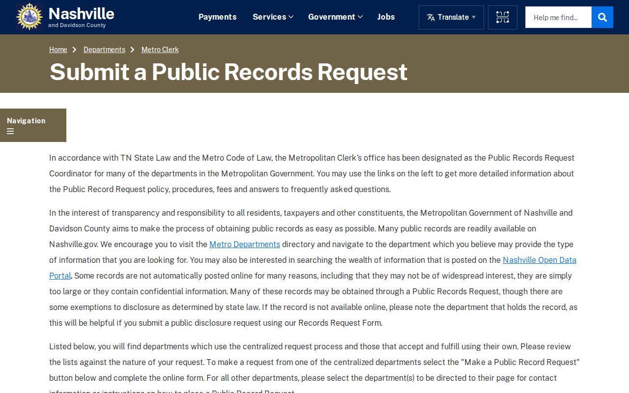 Davidson County warrant records: Metro central and department-specific public-record routes