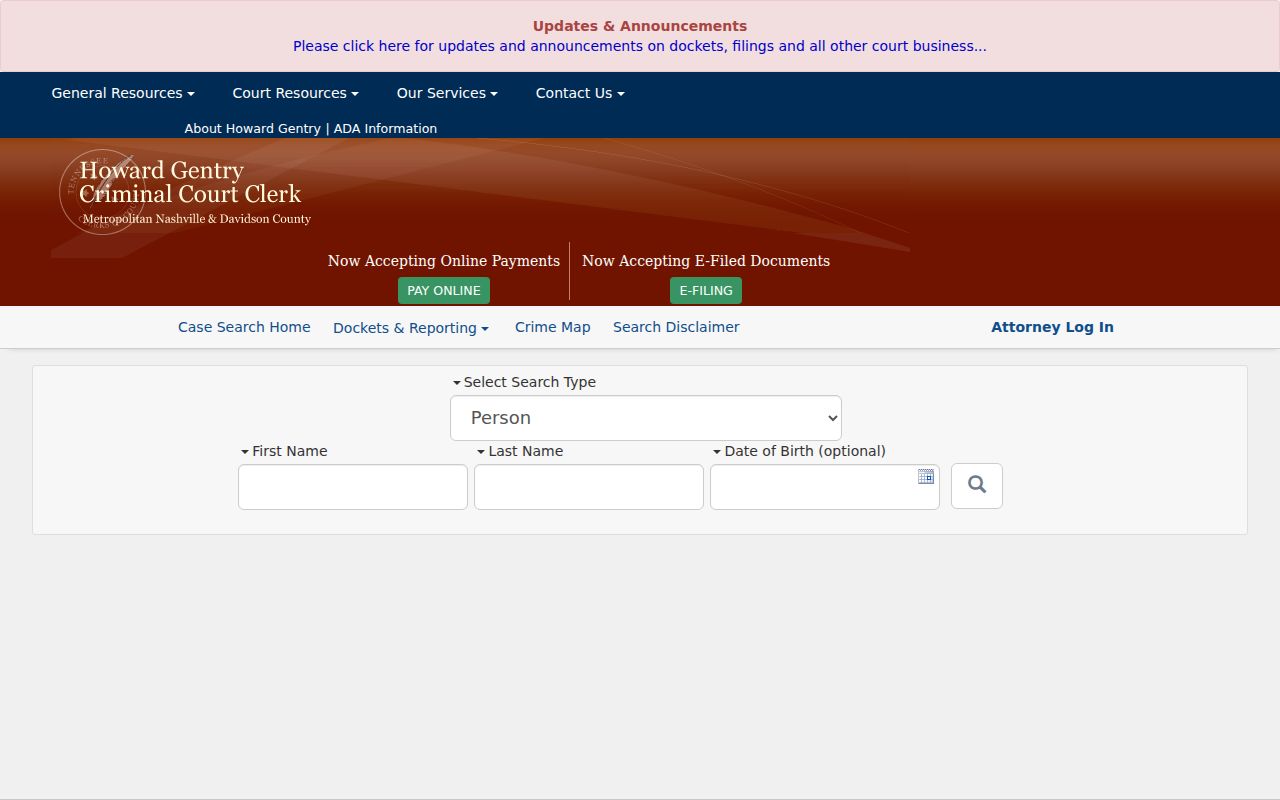 Davidson County warrant search: blank Criminal Court case search fields