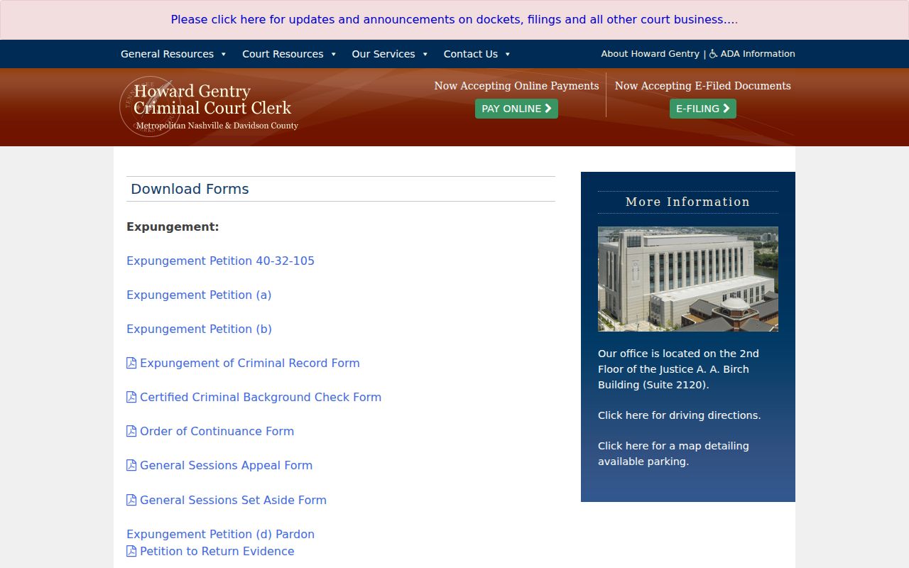 Davidson County bench warrant: Criminal Court Clerk blank Set Aside and bond forms index