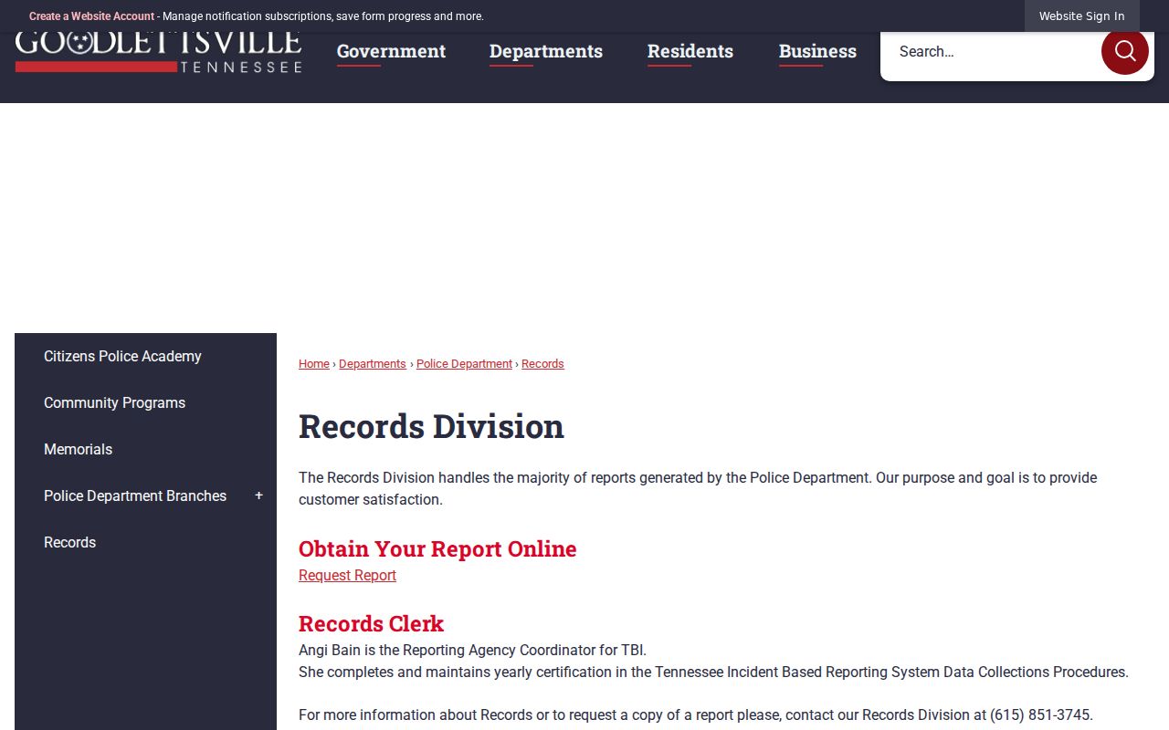 Goodlettsville, Davidson County warrant records: blank city police-report request page, not a warrant search