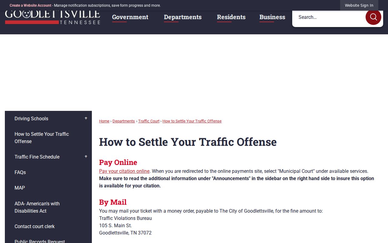 Goodlettsville, Davidson County warrant records: municipal traffic payment channels and court instructions