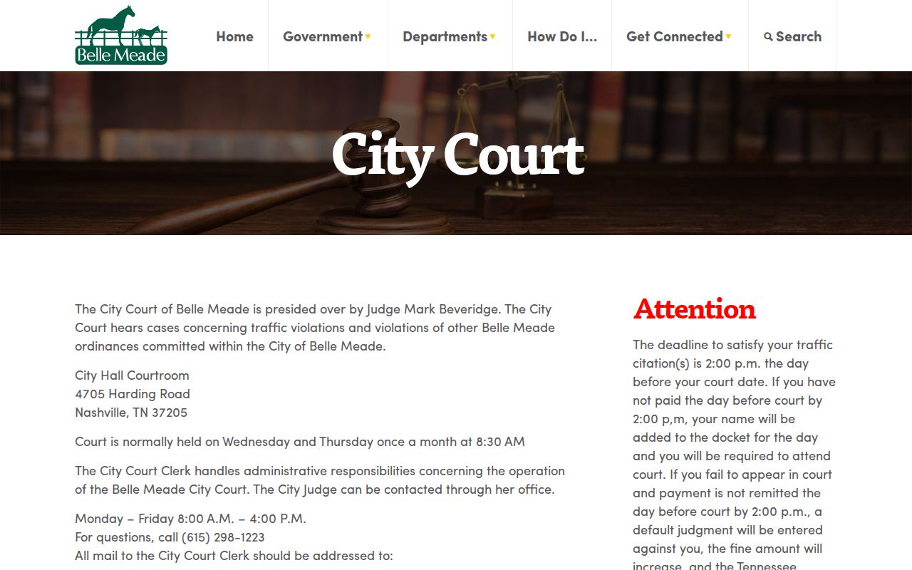 Belle Meade, Davidson County warrant records: city court schedule and missed-date notice