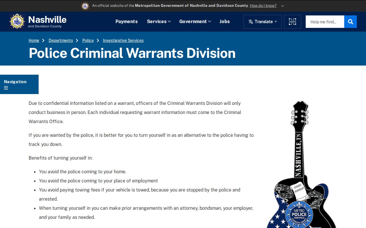 Davidson County active warrants: MNPD Criminal Warrants Division access instructions